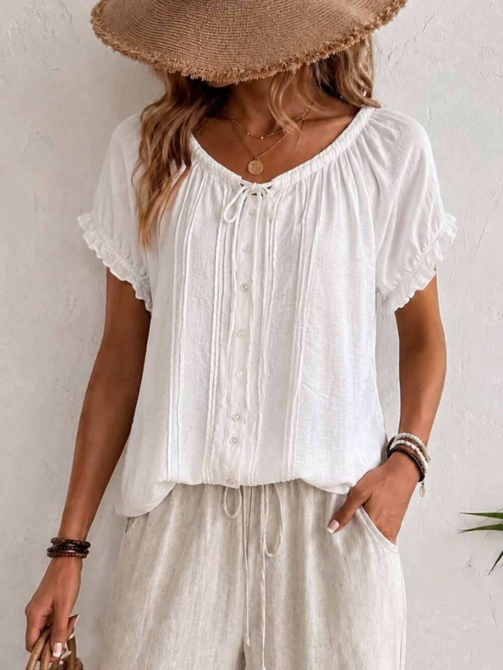 Gloria Vanderbilt White Linen Cotton Peasant Blouse 2X Pintuck Ruffle Sleeve